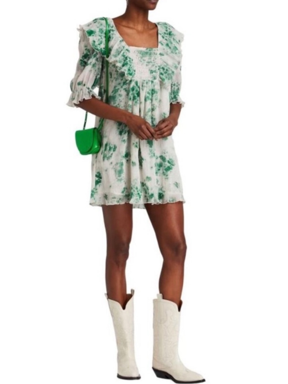 Ganni Georgette Dyed Ruffle Mini Wester Dress in Green 38 6